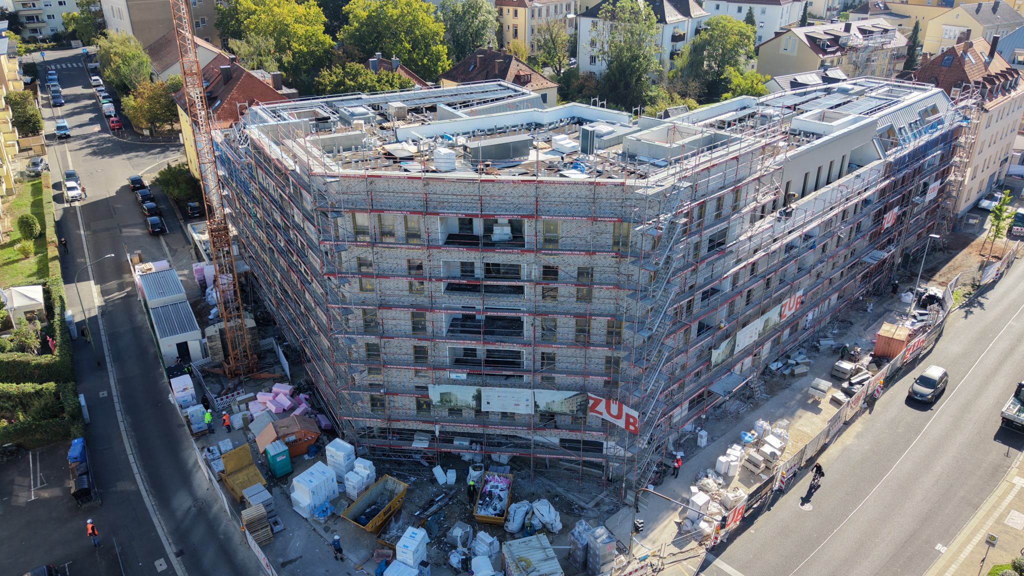 Baustelle des Sander-Eck als Eckansicht aus der Luft